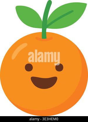 Playful illustration of a round orange fruit character with a smiling face and two green leaves sprouting from the top. Stock Vector