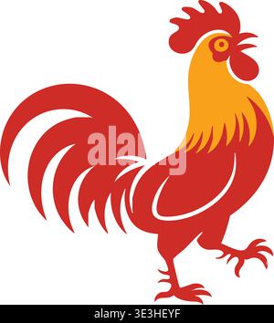 Bold illustration of a colorful rooster standing in profile with a large curved tail and raised foot. Stock Vector