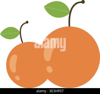 Soft illustration of two ripe apricots with green leaves attached and smooth warm colored skin. Stock Vector