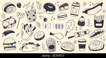 Street food set in doodle sketch style. Hand drawn ink fast food. Takeaway food, drinks, desserts and snacks clip art. Vector graphics Stock Vector