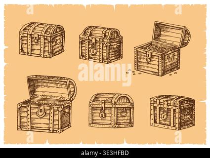Geographic map pirate treasure chests set Stock Vector