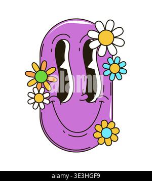 Cartoon groovy hippie smile psychedelic emoji Stock Vector
