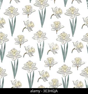 Seamless pattern floral with daffodils, elegant spring narcissus flowers with leaves, flat vector background for fabric, wallpaper and surface design. Stock Vector