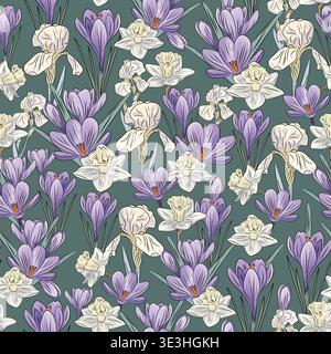 Seamless pattern of crocuses and irises, daffodils, purple and white spring flowers with leaves, elegant repeating botanical background for textile Stock Vector