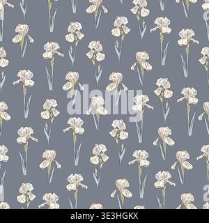 Seamless pattern of iris flowers, elegant repeating floral background with delicate blooming irises, botanical flat vector illustration for textile Stock Vector