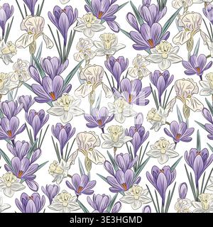 Seamless pattern of crocuses and irises, daffodils, purple and white spring flowers with leaves, elegant repeating botanical background for textile Stock Vector