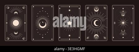 Tarot cards mystical esoteric symbols golden set, Fantasy frames, Astrological signs moon sun and stars, Golden tarot cards on a dark background Stock Vector