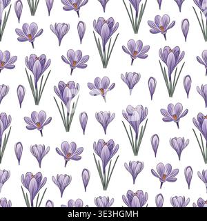 Seamless pattern of crocus flowers, purple spring flowers with leaves, delicate repeating botanical background, elegant floral flat vector Stock Vector