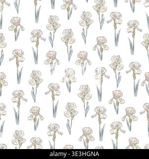 Seamless pattern of iris flowers, elegant repeating floral background with delicate blooming irises, botanical flat vector illustration for textile Stock Vector