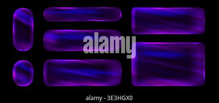 Glass frames with purple neon light, Glass 3d neon buttons with glare and glowing elements, Text boxes for web design Stock Vector