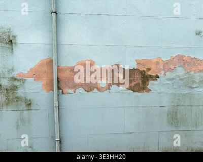 A light blue painted concrete block wall shows signs of wear and tear, with large patches of paint peeling off to reveal the underlying tan concrete. Stock Photo