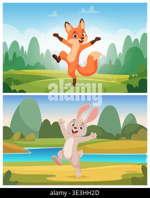 Fox and rabbit. happy wild characters walking outdoor in woods Stock Vector