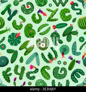 Cacti font, succulent typeface seamless pattern Stock Vector