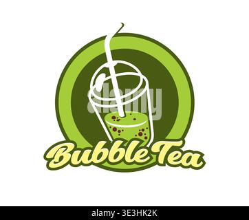 Boba milk bubble tea drink icon, matcha cup Stock Vector