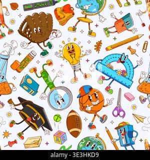 School stationery groovy characters pattern Stock Vector