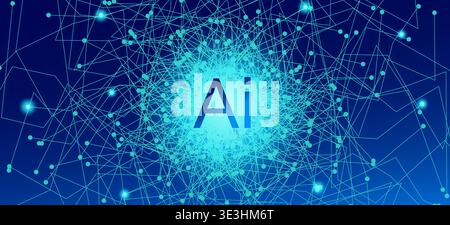 Artificial intelligence concept with glowing AI text in the center of neural network connections, abstract digital technology vector background Stock Vector