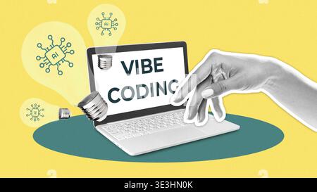 Hands engage with laptop displaying Vibe Coding on a colorful background with light bulbs Stock Photo