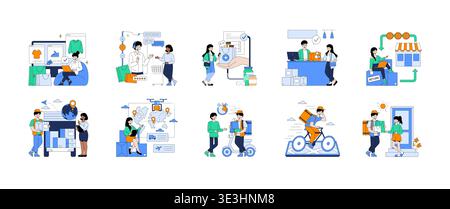 Vector illustration set depicting various stages of e-commerce and delivery processes, including online shopping, customer service, logistics, delivery, and package return. Ideal for business concepts. Stock Vector