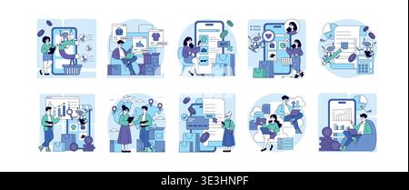 Vector illustrations depicting various online shopping and digital business scenes, including transactions, global communication, and data analytics. Characters engage using devices and applications. Stock Vector