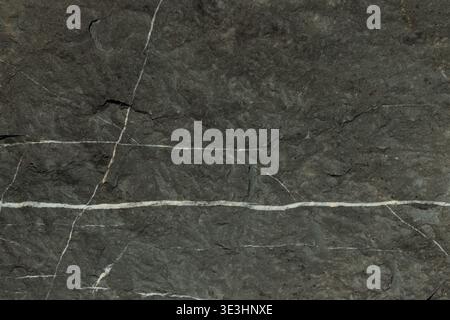 Dark slate-like stone surface crossed by white mineral veins, suitable for elegant natural backgrounds, geology concepts, and marble-like texture desi Stock Photo