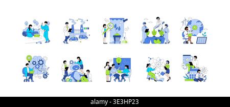 Vector illustration set showcasing various innovations in science and technology. Scenes include robotics, renewable energy, AI development, lab experiments, and teamwork in scientific projects. Stock Vector