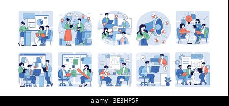 Vector illustration set depicting diverse business activities including teamwork, strategy meetings, digital presentation, global logistics, and project management. Designed for conceptual business themes. Stock Vector