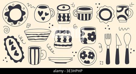 Kitchenware and cutlery set in doodle sketch style. Simple hand drawn ink illustrations of plate, mug, cup, glass, knife, fork, spoon. Clean tableware Stock Vector