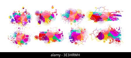 Set Colored paint blobs with cracks, dots and halftone. Hand drawn. Not AI, vector illustration. Stock Vector