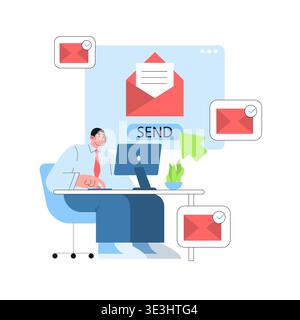Office worker sitting at desk, typing on a computer, engaged in sending an email. Around are icons depicting outgoing mail. Clean and modern vector illustration of digital communication. Stock Vector