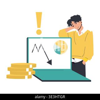 Vector illustration depicting a man looking worriedly at a laptop displaying a downward financial graph. Coins stacked nearby emphasize the theme of economic loss and finance. Stock Vector