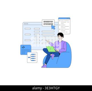 Vector illustration of a programmer sitting on a chair with a laptop, analyzing binary code on a large screen. Includes coding elements and digital interface icons. Stock Vector