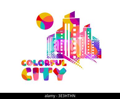 Colorful logo modern city skyline with skyscrapers in flat vector style on white background. Hand drawn Not AI, vector illustration. Stock Vector