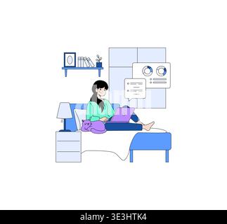 Woman comfortably working on a laptop in bed, accompanied by a cat. Engaging in remote work with a serene atmosphere, depicted in a minimalist vector illustration. Stock Vector
