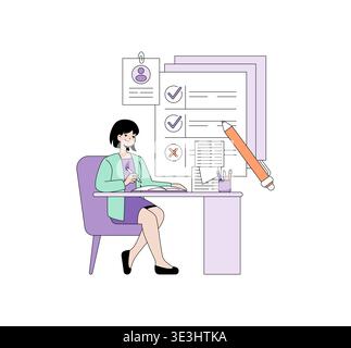 Vector illustration of a businesswoman sitting at a desk, analyzing and reviewing documents with check marks. Ideal for themes related to business processes, evaluation, and office work. Stock Vector