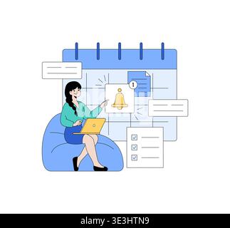 Vector illustration of a woman sitting with a laptop, focusing on a calendar and notifications. She is managing her schedule, highlighting efficiency and organization. Stock Vector