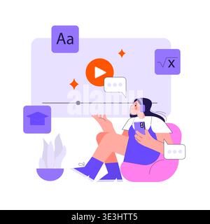 Vector illustration showcasing a person engaged in online learning using interactive technology. Elements include play button, chat bubbles, and educational icons representing virtual education. Stock Vector