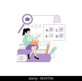Vector illustration of a woman sitting on books using a laptop. She is engaging in online learning, surrounded by study materials and choosing multiple-choice answers on a large screen. Stock Vector