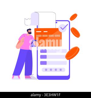 Vector illustration of a user interacting with a mobile payment system. Shows a person using a smartphone next to an oversized credit card and smartphone screen with digital elements. Stock Vector