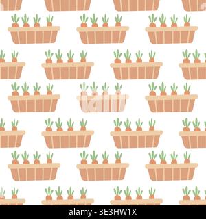 Seamless pattern with carrot baskets in soft pastel style. Flat farm and garden theme design perfect for fabric, wallpaper, packaging, and spring Stock Vector