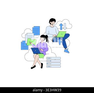 Vector illustration of two people collaborating in the cloud, using laptops to share and manage data. The image highlights cloud computing, teamwork, and digital communication. Stock Vector