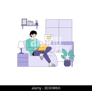 Vector illustration of a person working from home on a laptop while seated comfortably on a bed. The figure appears focused as they manage emails, surrounded by cozy home elements. Stock Vector