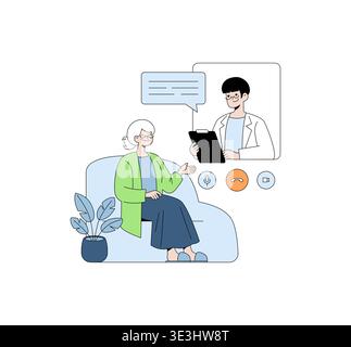 Elderly woman engages in an online medical consultation with a doctor via video call. The vector illustration emphasizes telemedicine and remote healthcare interaction. Stock Vector