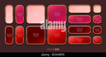 Collection of glossy pink and red UI buttons with golden frames on a dark background. Ideal for web and app design. Vector illustration Stock Vector