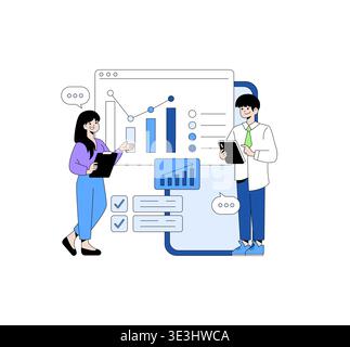 Vector illustration of two team members discussing data on an interactive dashboard. Engaged in conversation, they point to charts and graphs, analyzing business metrics together. Stock Vector