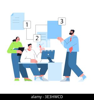 Vector illustration of three people collaborating in an office setting, involving document organization and task prioritization. One person points to documents, another works at a computer, and the third observes. Stock Vector