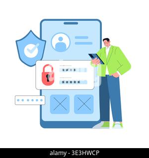 Vector illustration depicts a person interacting with a secure login interface on a smartphone. Features include password fields, a lock icon, and a security shield. Ideal for cybersecurity themes. Stock Vector
