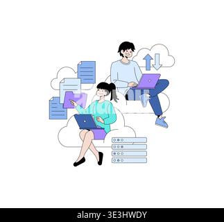 Vector illustration of two individuals working on laptops amidst cloud icons and files, symbolizing cloud computing and teamwork. This design captures collaboration and technology integration. Stock Vector