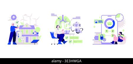 Vector illustration showcasing eco-friendly home energy management, health research with AI assistance, and mobile learning for young adults. Emphasizes sustainability, technology, and education. Stock Vector