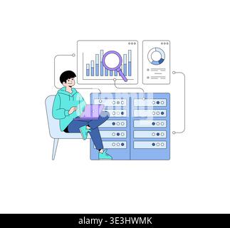 Vector illustration of a person sitting with a laptop while analyzing data trends on a large digital screen. The image includes charts and graphs representing data analytics processes. Stock Vector
