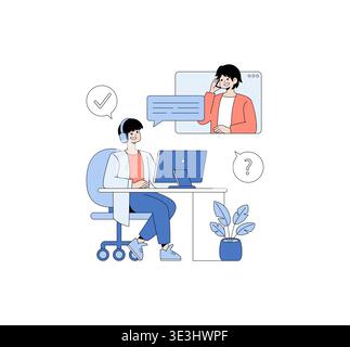 Vector illustration of a customer support agent using a headset, engaged in an online conversation via desktop computer. The illustration conveys a friendly and professional atmosphere. Stock Vector